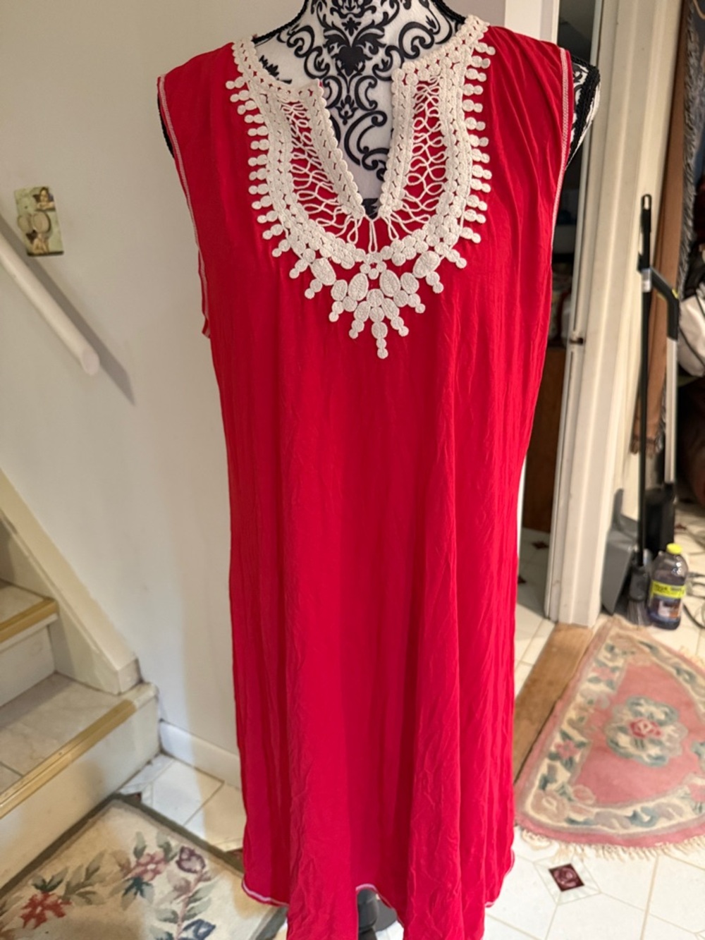 Max Studio Crimson Sleeveless Tunic with Cream Crochet Trim